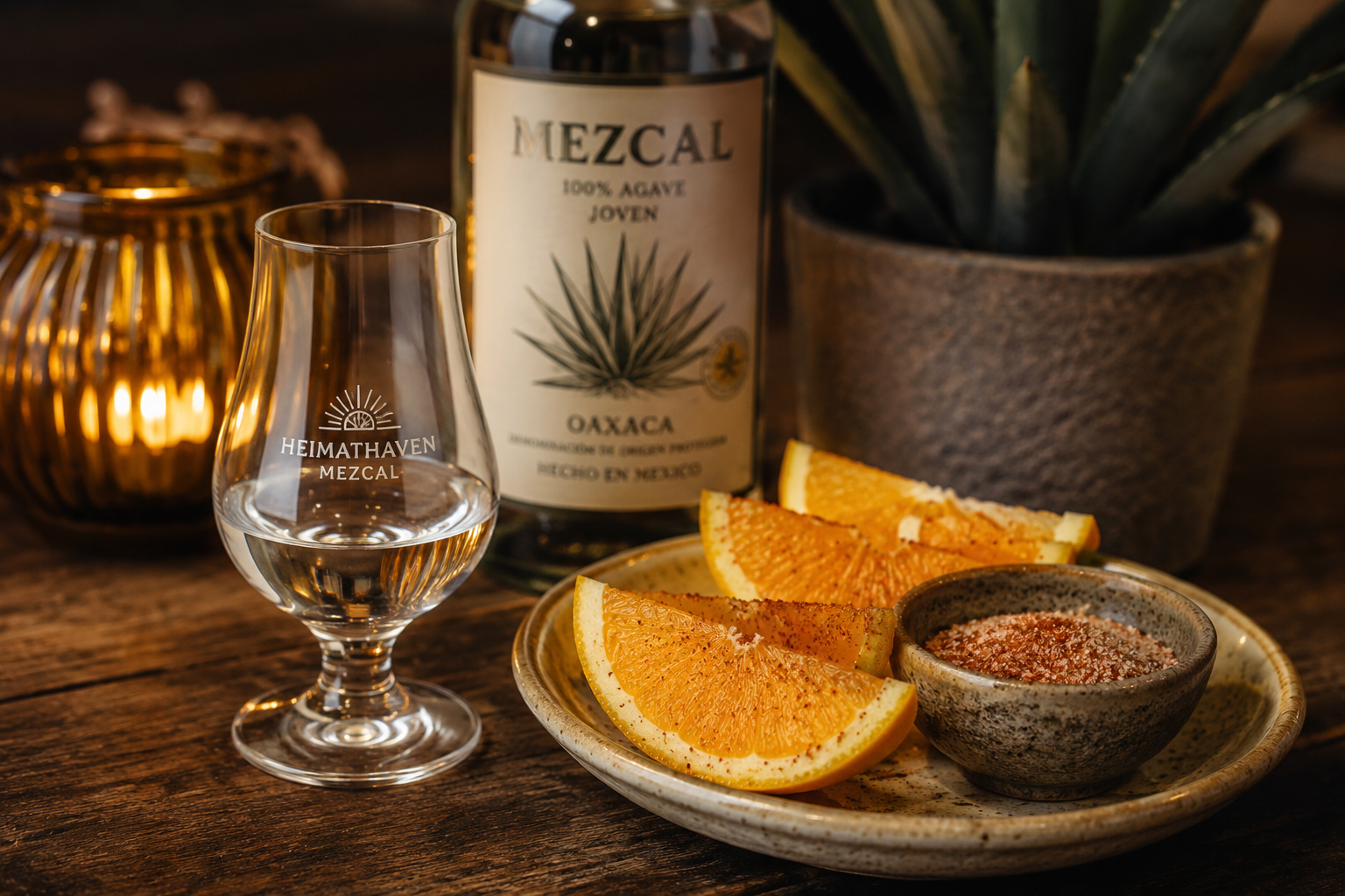 Mezcal im Nosingglas auf einem Holztisch