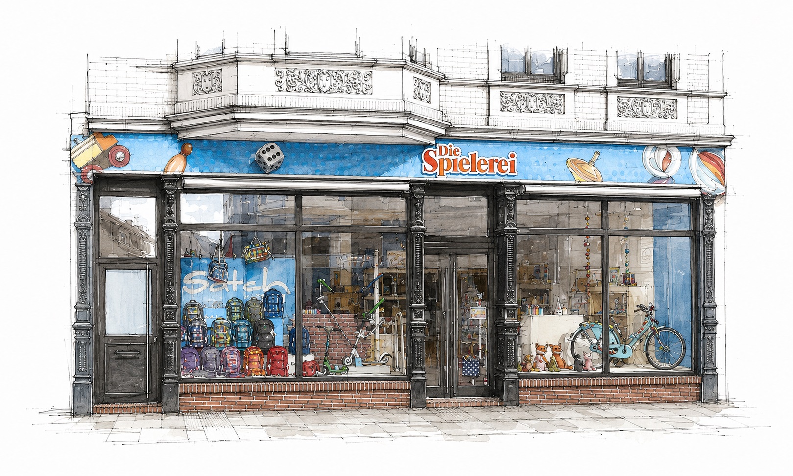 Gezeichnete Illustration des Spielwarengeschäfts Die Spielerei im Bremer Viertel
