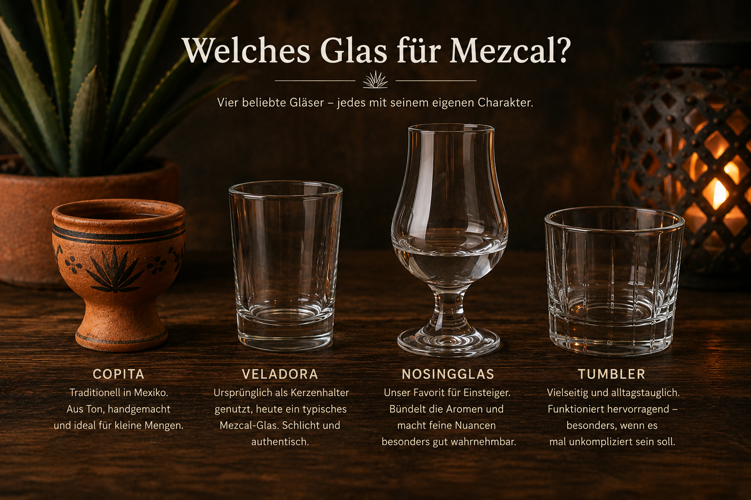 Verschiedene Gläser für Mezcal – Copita, Veladora und Nosingglas im Vergleich