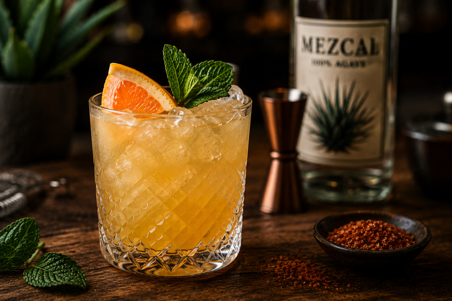 Rustikaler Mezcal-Cocktail mit Zitrusfrucht, Eis und Agave