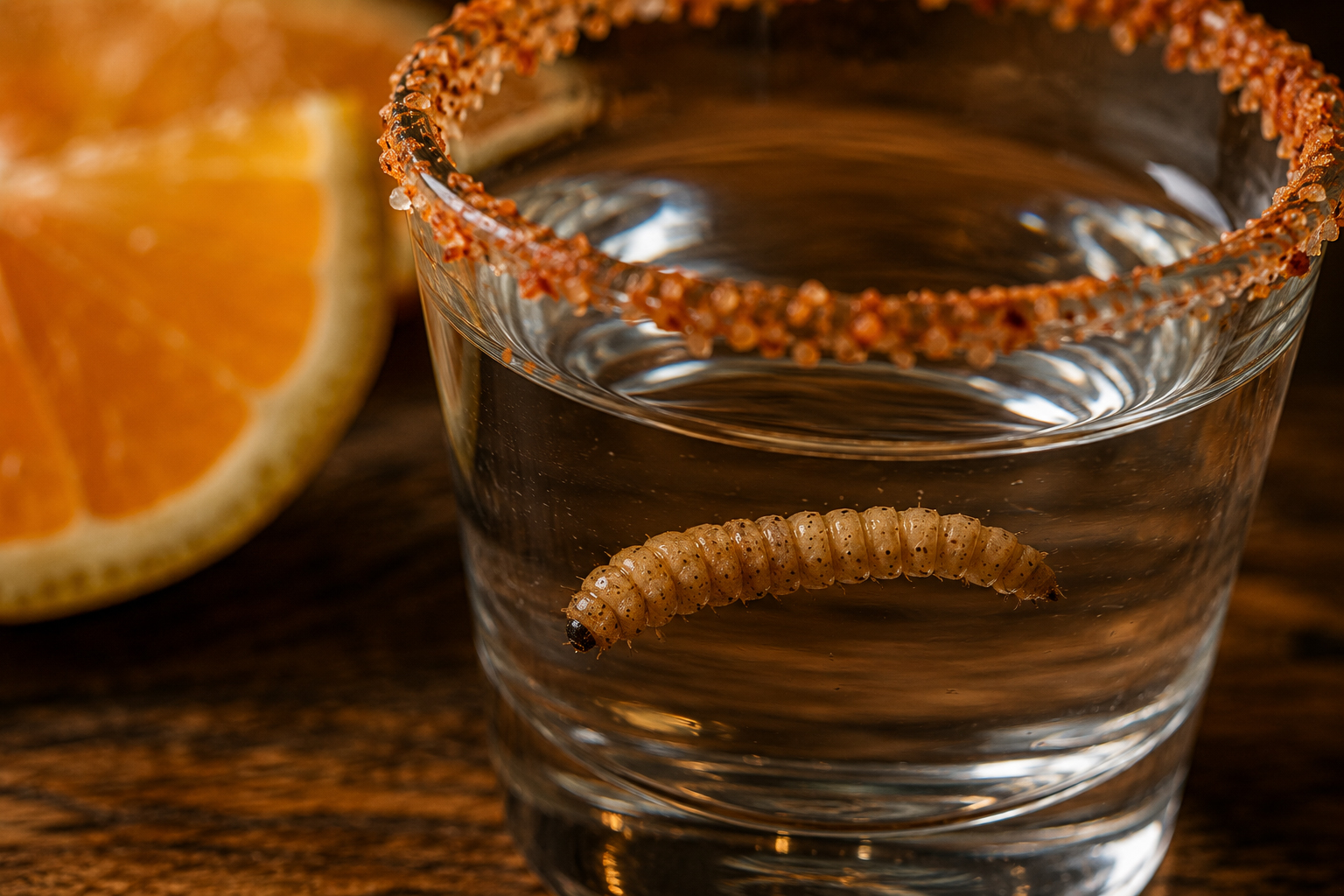 Larve in einem Glas als Symbol für den Mythos vom Wurm im Mezcal