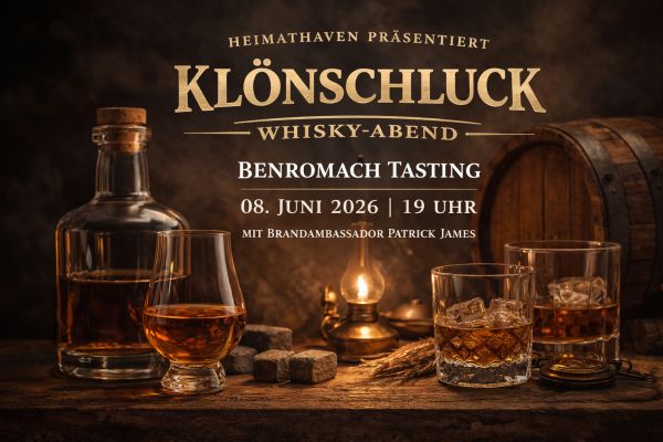 Benromach Tasting in Bremen am 08. Juni 2026 bei Heimathaven mit Brand Ambassador Patrick James in stimmungsvoller Whisky-Atmosphäre.