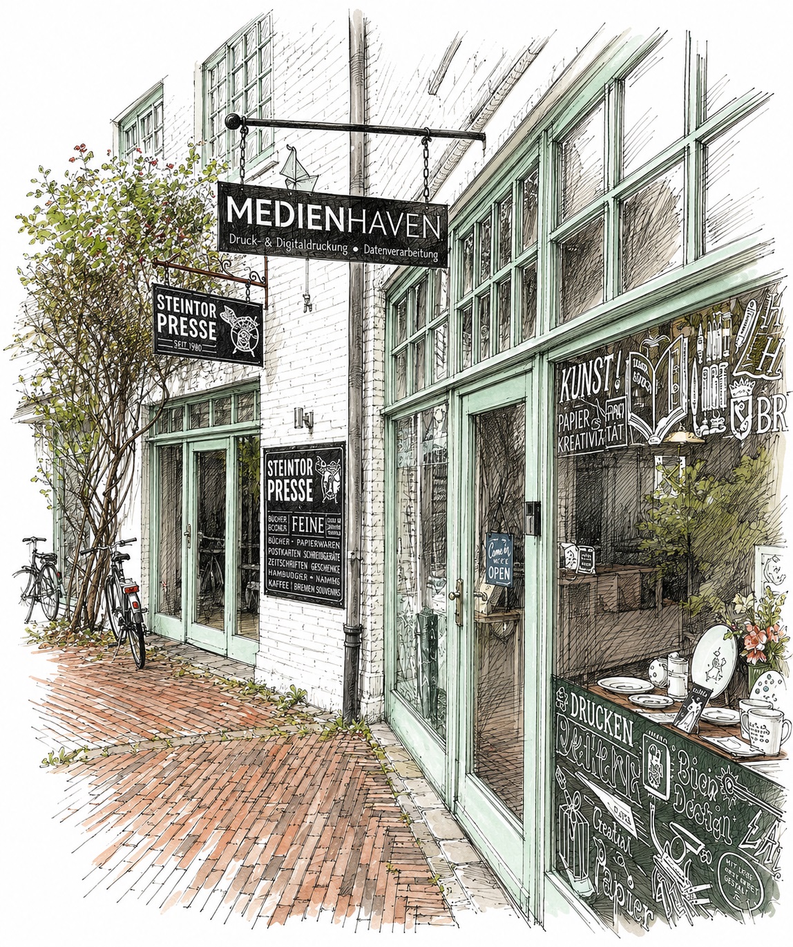 Gezeichnete Illustration von Medienhaven und Steintor Presse im Bremer Viertel